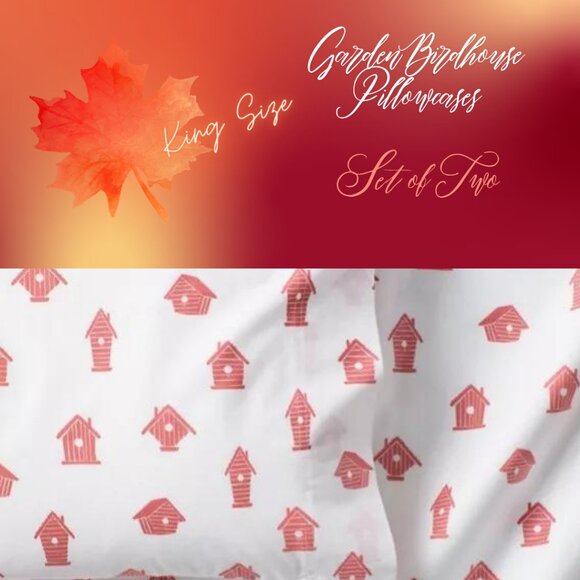 Garnet Hill King Pillowcases Set Garden Birdhouse Summer Bedding Orange White - Picture 1 of 5